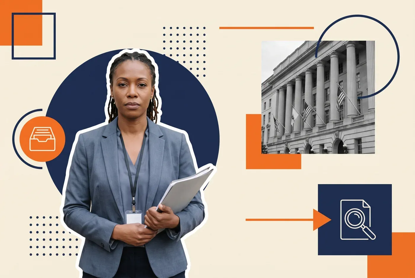 Federal agency safety officer holding a document folder, with a government building facade behind her