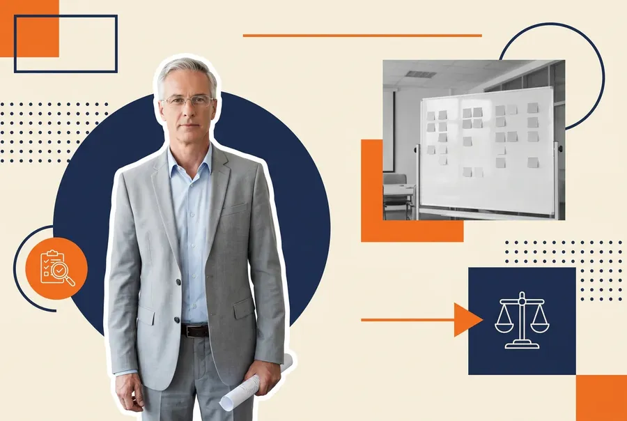 Procurement lead holding a rolled document, beside a grayscale photograph of a meeting room whiteboard