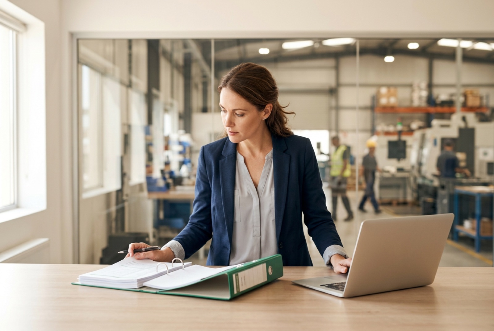 Operations manager at a standing desk comparing a printed SOP binder against a laptop in a bright manufacturing office, production floor softly blurred through glass behind her