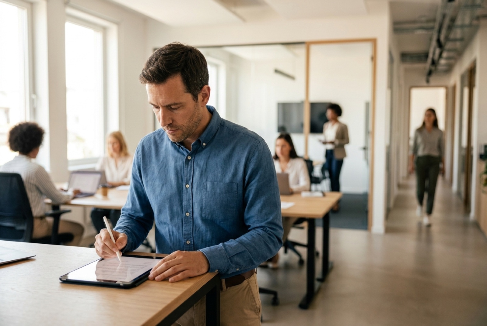 Quality manager handing a folder of documents across a conference table to an external auditor in a glass meeting room, both seated, city skyline through floor-to-ceiling windows