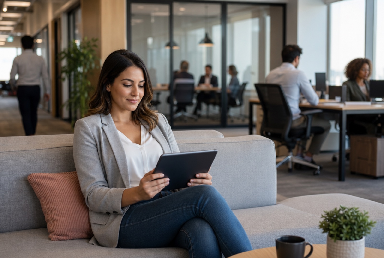 Diverse group of employees on laptops in a bright open-plan office watching short training videos during a focused morning session, one person taking notes