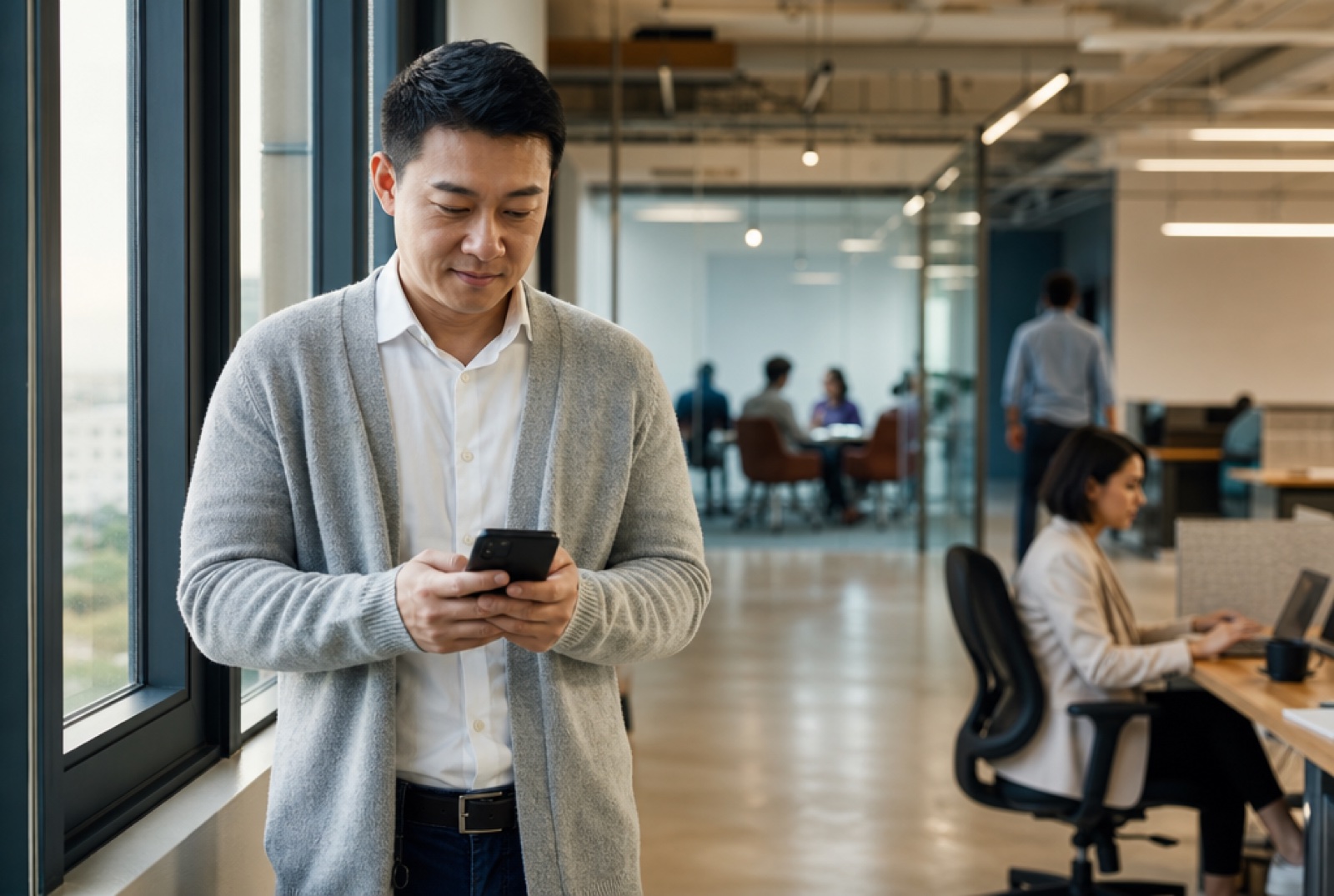 Remote employee in a home office joining a global training session on a tablet, world map and multilingual sticky notes visible on the wall behind