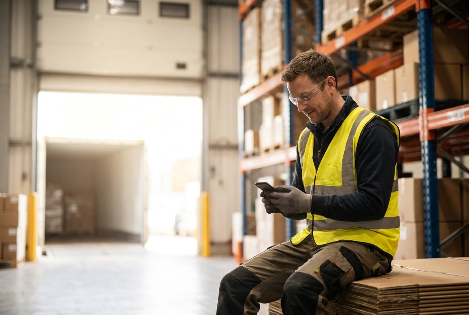 Frontline worker completing a training course on a phone in a warehouse