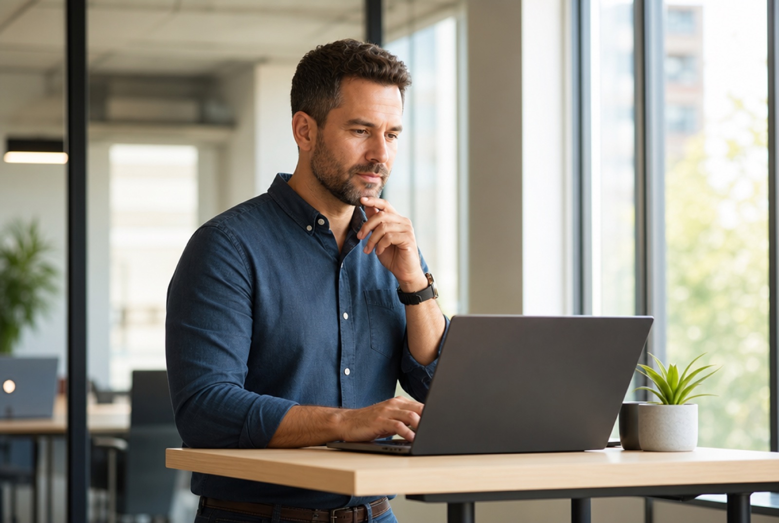 A learning and development manager at a standing desk reviewing course options on a laptop, thoughtful mid-decision expression, bright open-plan office softly blurred behind