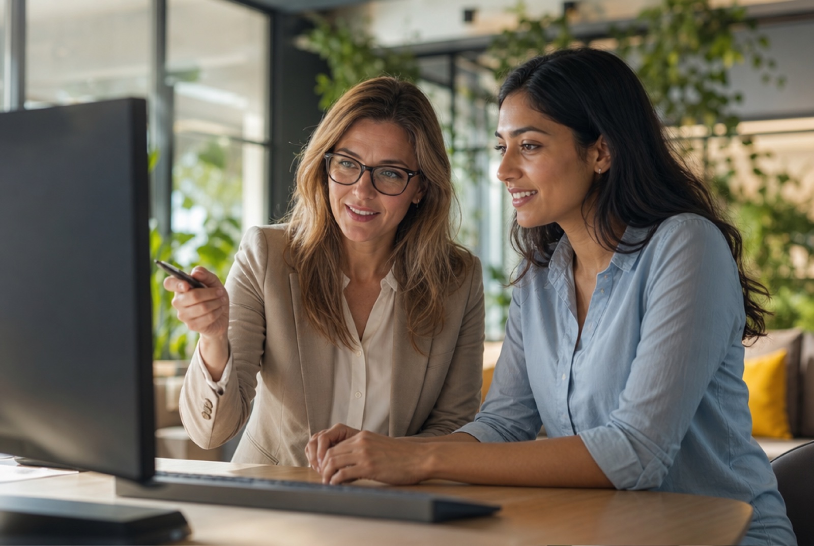 Two colleagues sitting together at a shared monitor, an experienced employee mentoring a newer teammate in a casual breakout area, natural light