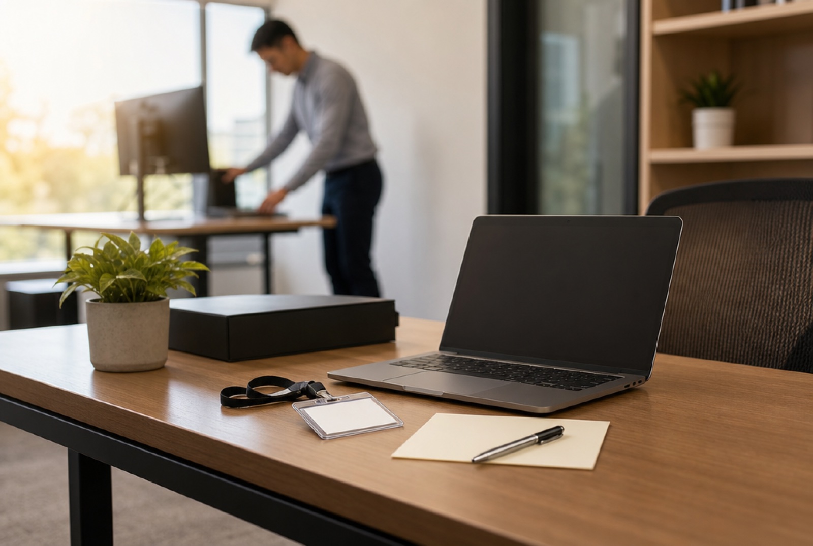 A new employee's desk prepared before arrival with a laptop, badge, and welcome note, an IT technician setting up the workstation in the background, bright office
