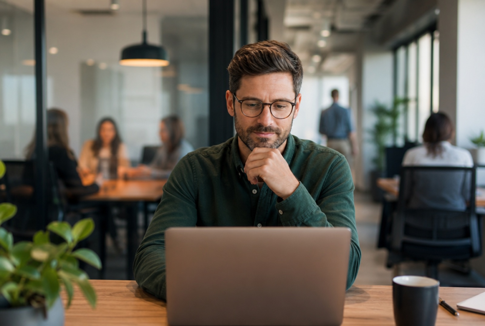 An HR business partner at a laptop during a one-on-one with an employee across a table in a glass-walled meeting room, warm daylight, both engaged in conversation