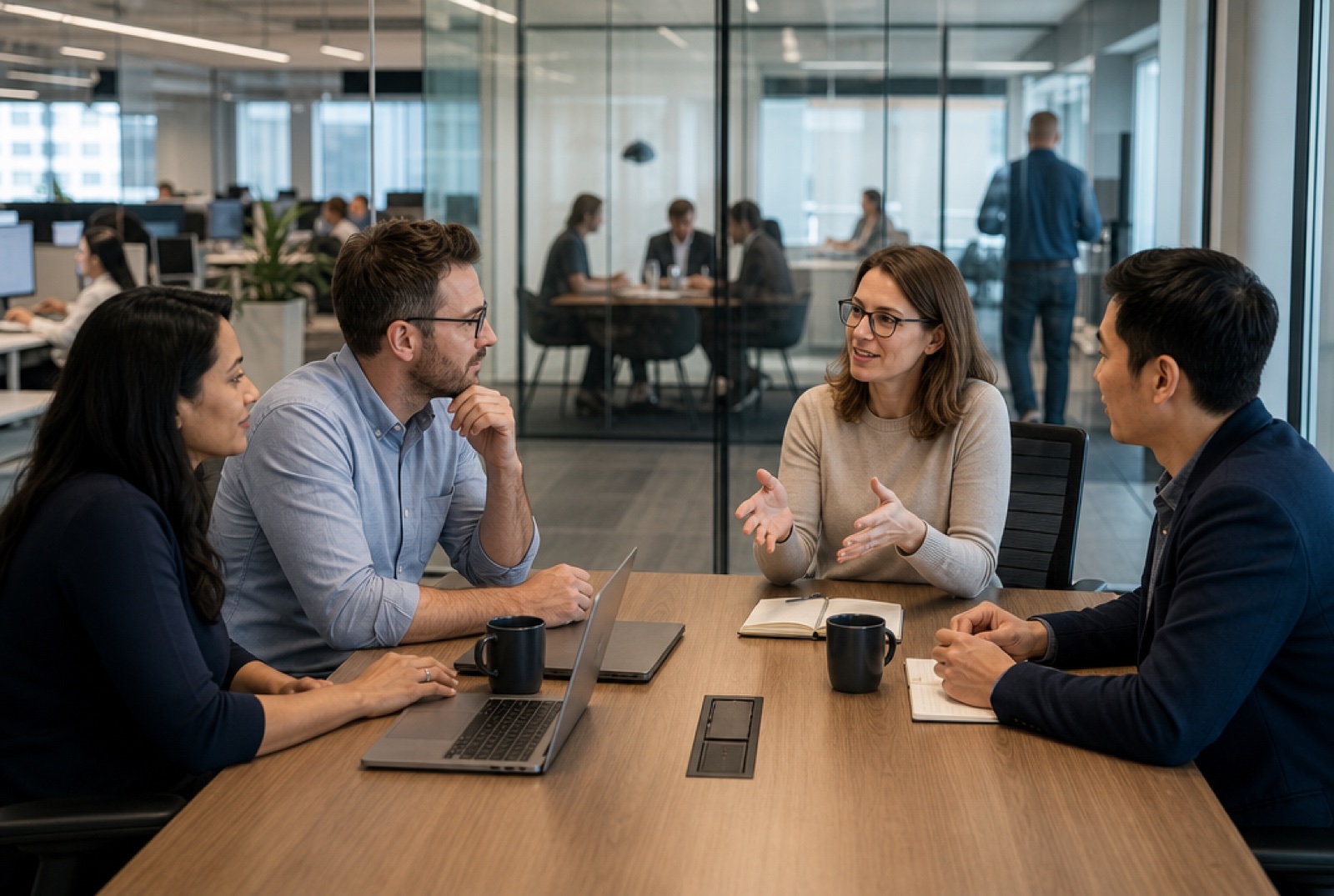 A leadership team around a conference table during a calibration session, one person gesturing toward a shared display off-frame, focused expressions, modern office
