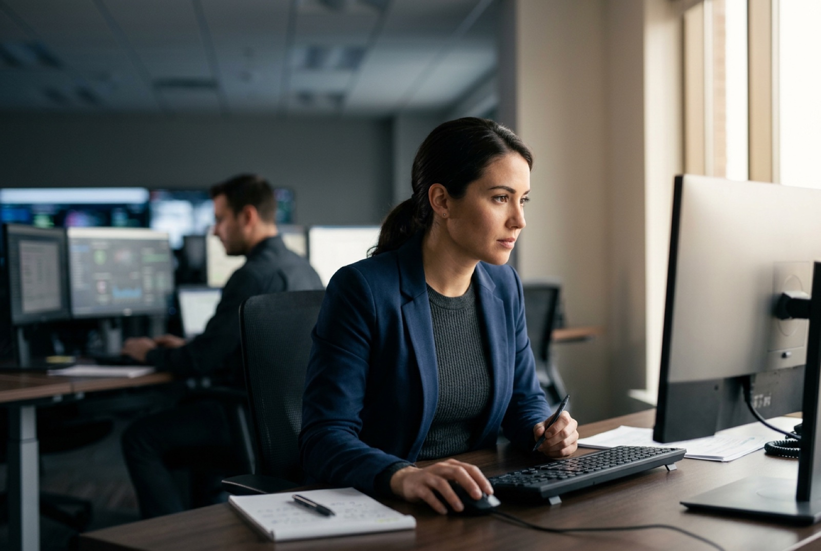 IT security analyst leaning toward a monitor reviewing simulation results in a modern security operations room, a teammate softly blurred at a second workstation behind