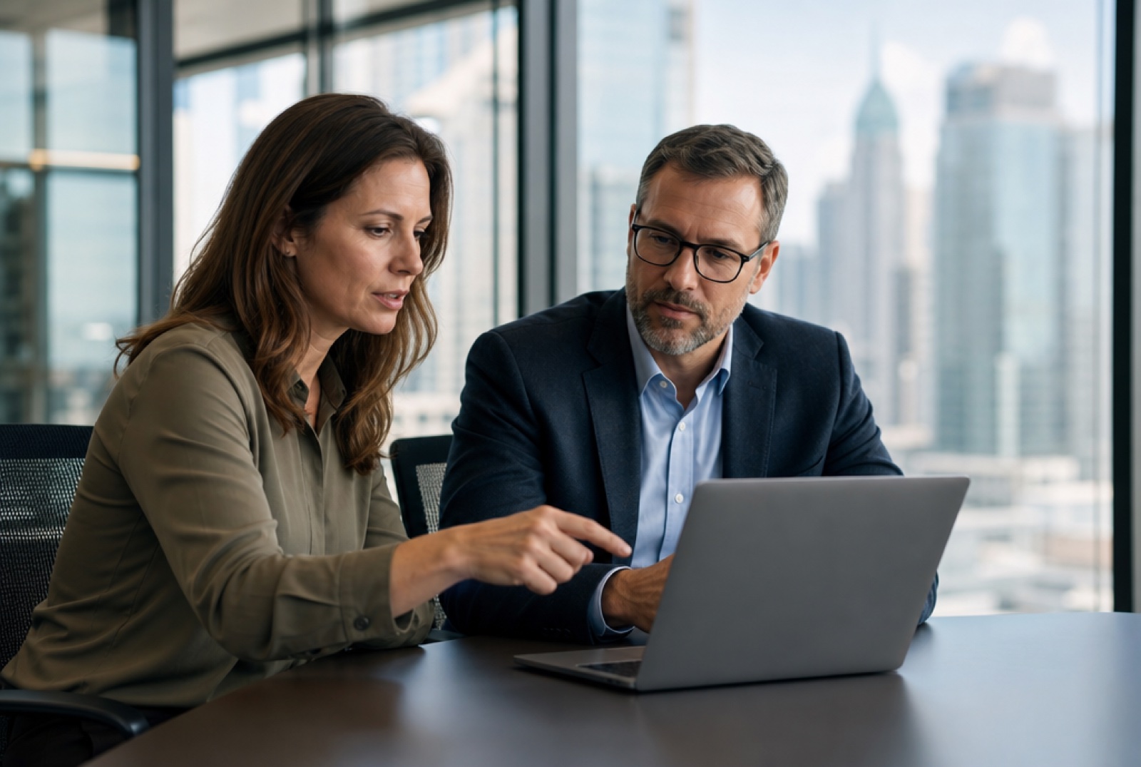 A CISO and a security manager comparing risk trends on a laptop in a glass-walled meeting room, city skyline through the window, focused expressions