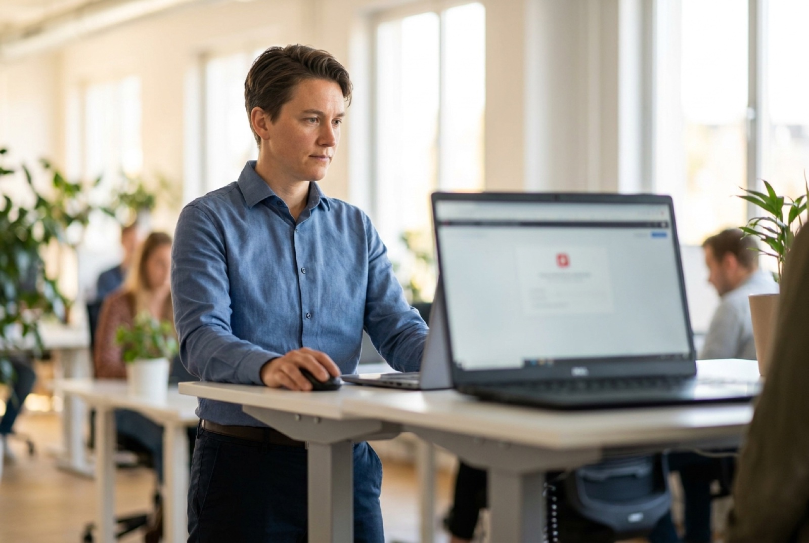 Office employee at a standing desk pausing to flag a suspicious email on their laptop, bright open-plan workspace softly blurred behind