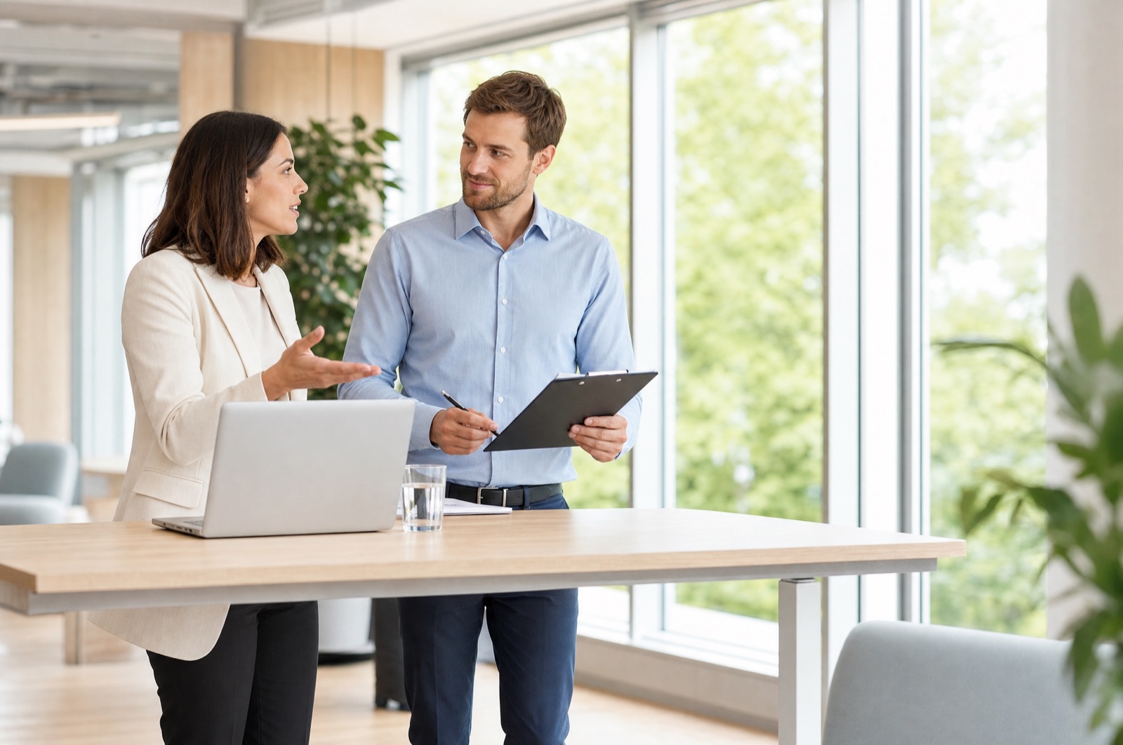 Zwei Kollegen stehen an einem Schreibtisch im sonnigen Büro und besprechen anhand eines Klemmbretts eine neu ausgeschriebene Stelle