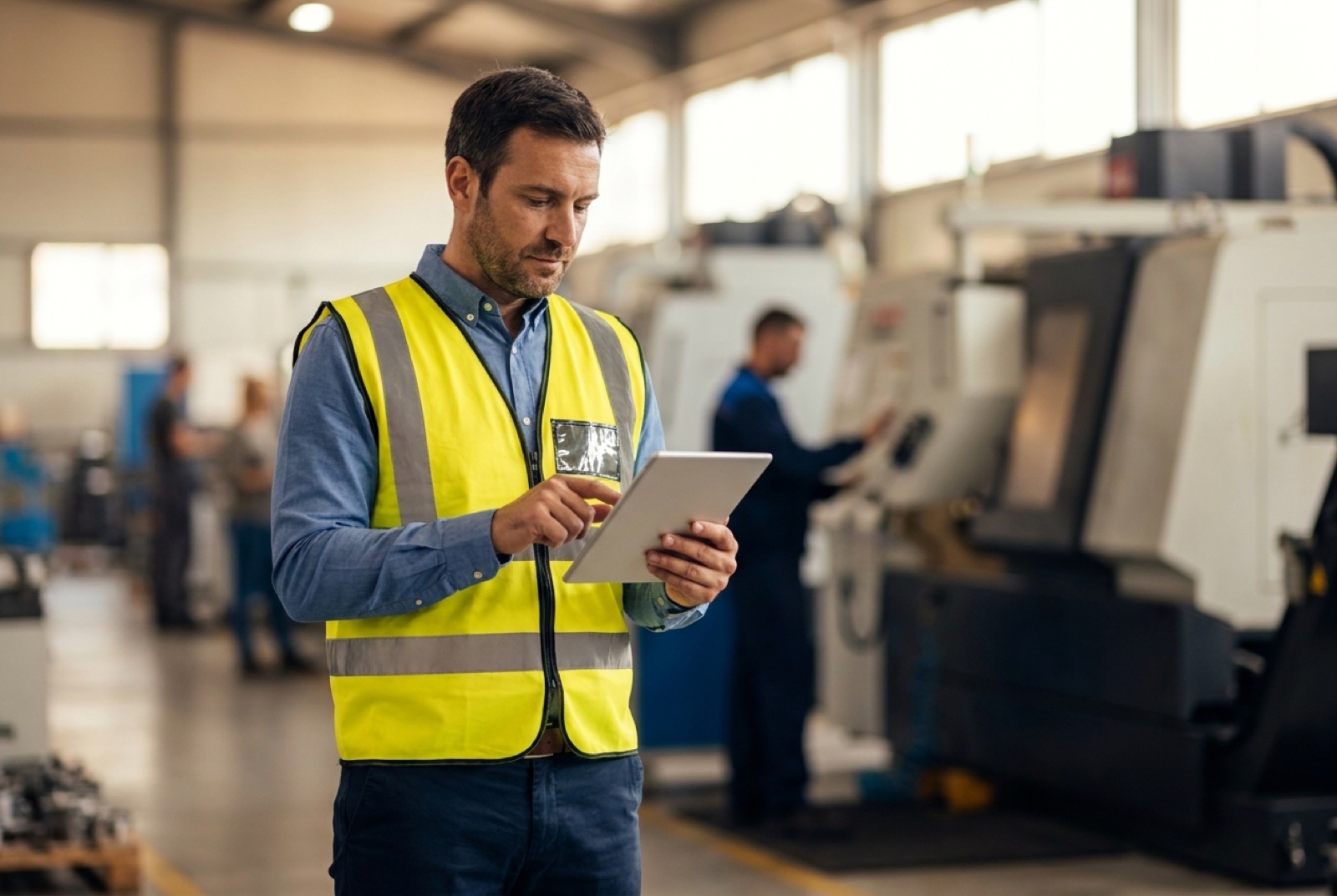 Safety manager in a hi-vis vest logging a near-miss on a handheld tablet on a busy manufacturing floor, machinery and a coworker softly blurred behind