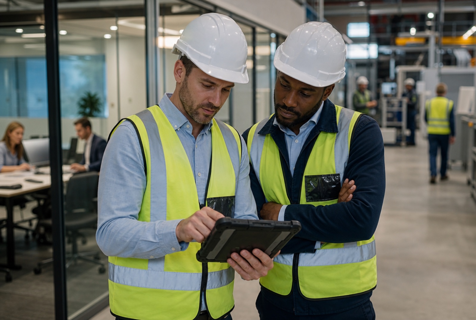 EHS investigator and a line supervisor talking through an investigation at a whiteboard covered in sticky notes in a plant meeting room, hard hats resting on the table