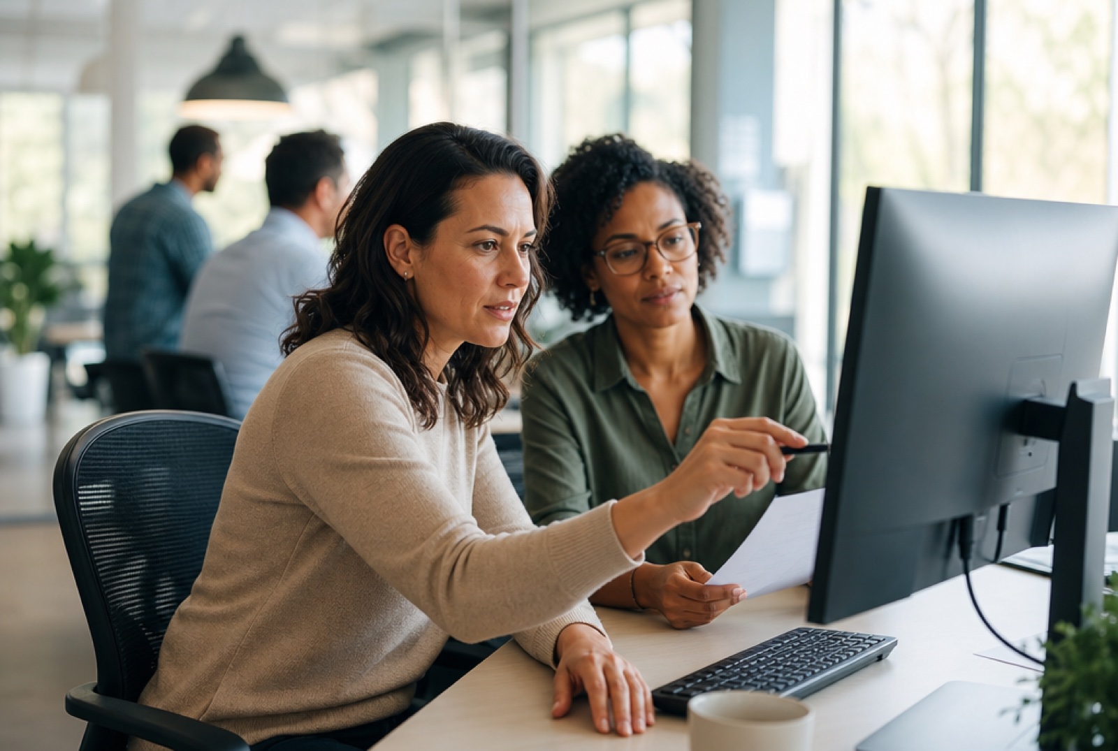 L&D lead studying a skills matrix on a large monitor in a bright open-plan office, a teammate reviewing notes beside her