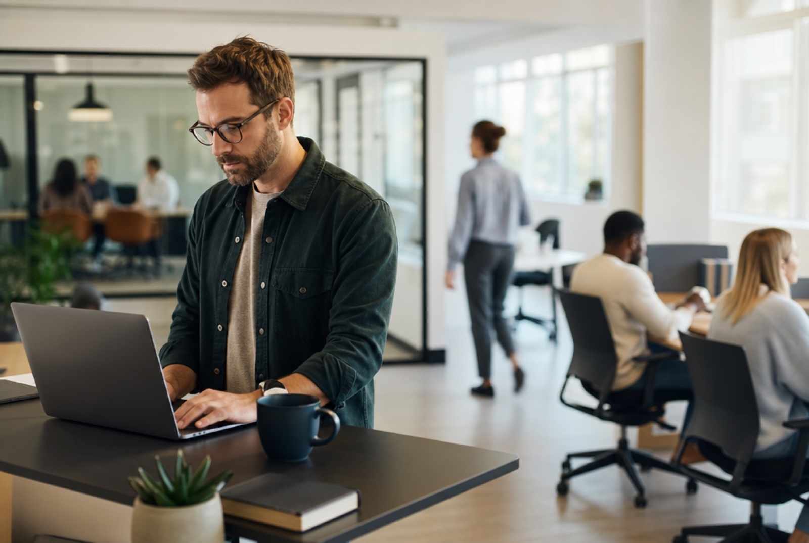 Employee working through an online course on a laptop at a standing desk, manager glancing over approvingly in a modern workspace