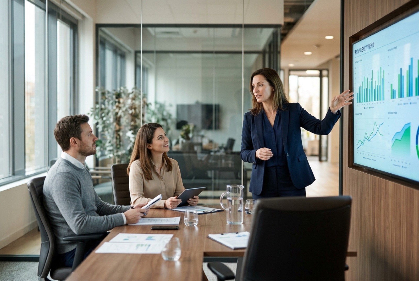HR director presenting a proficiency trend on a screen to two colleagues in a glass-walled meeting room, city skyline through the windows