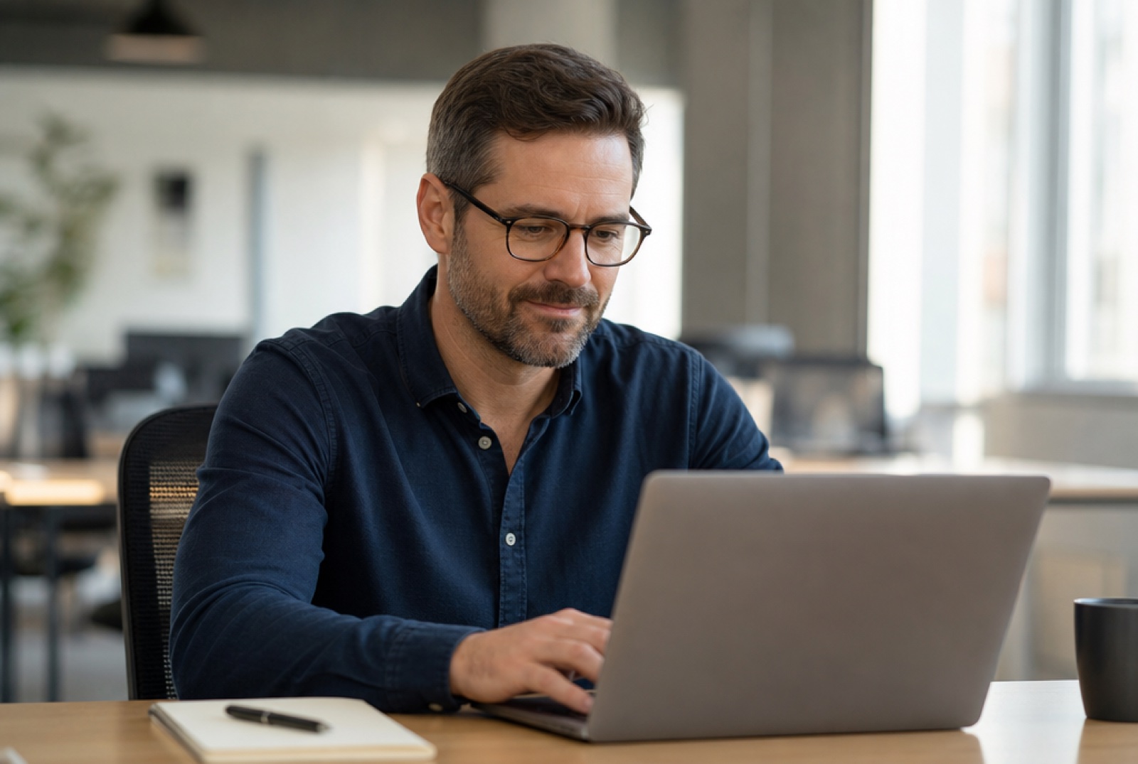 HR reviewer studying a candidate ranking on a laptop at a quiet desk in a modern recruiting office, sticky notes softly blurred behind