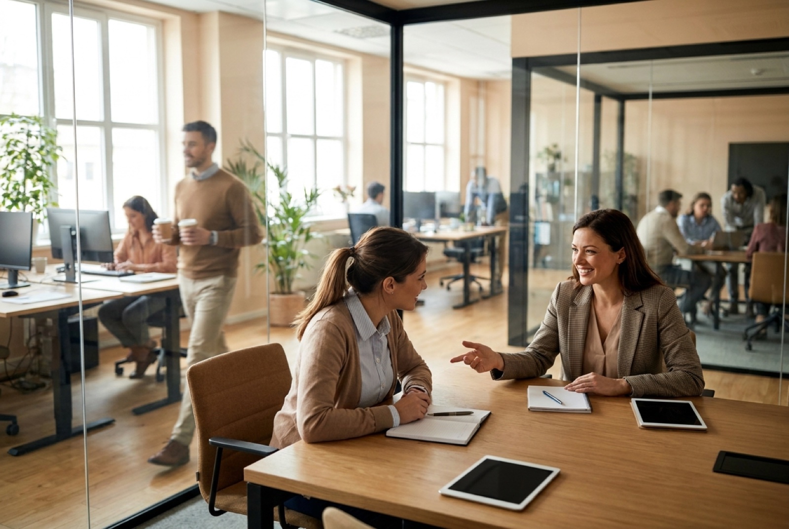 Interviewer and candidate seated across a small table in a bright glass meeting room, printed report on the table between them, natural light