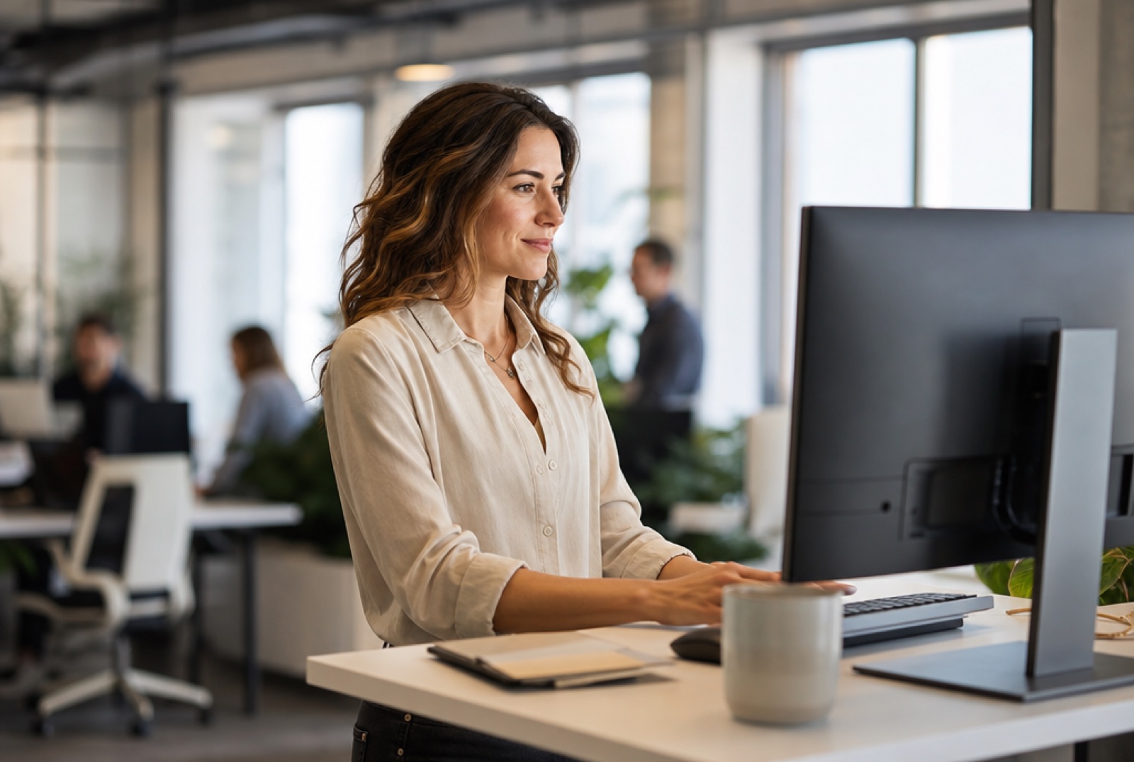 Recruiter at a standing desk scanning a candidate pipeline board on a large monitor in an open-plan HR team area, colleague blurred in background