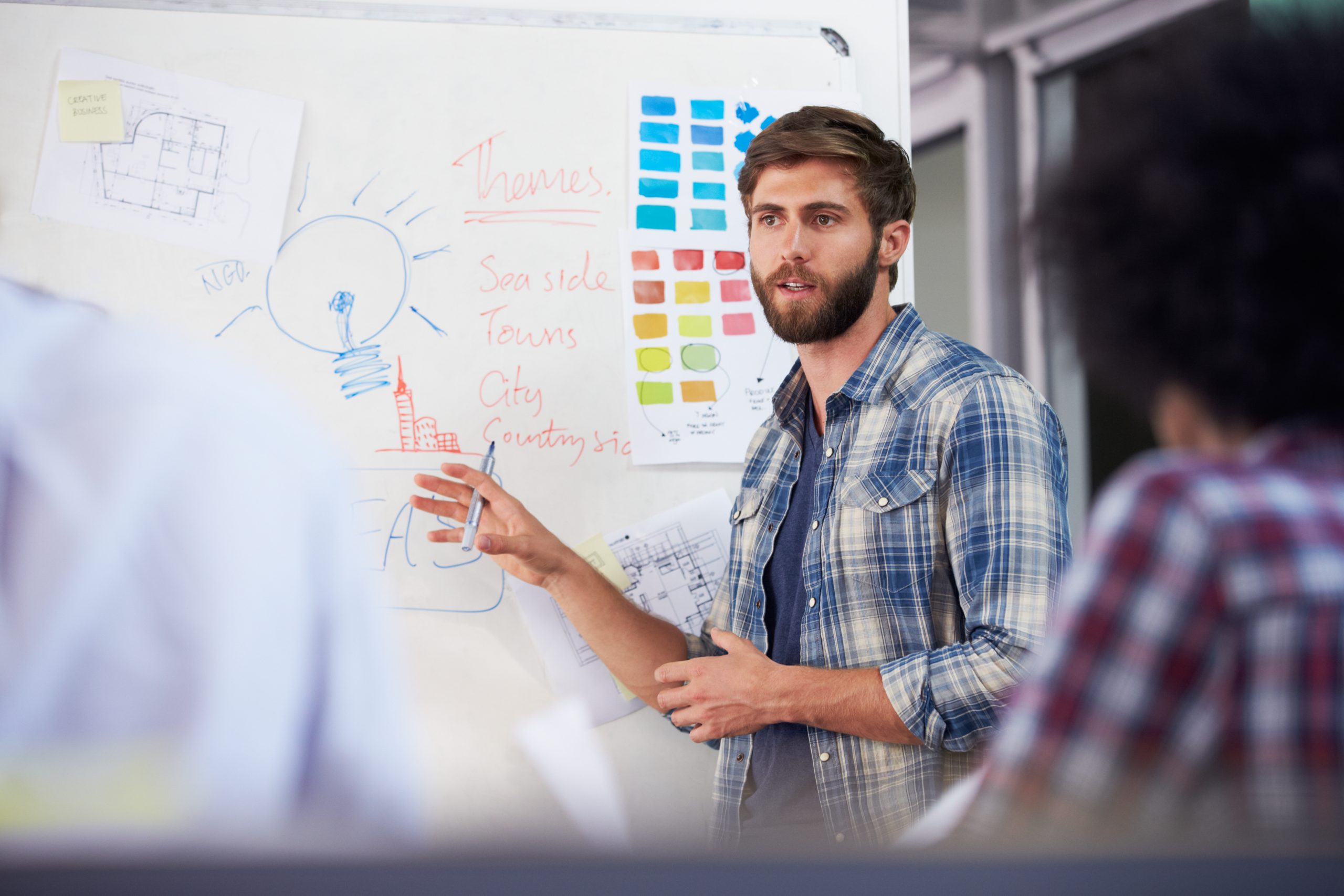 Focused man presenting creative project ideas on a whiteboard.