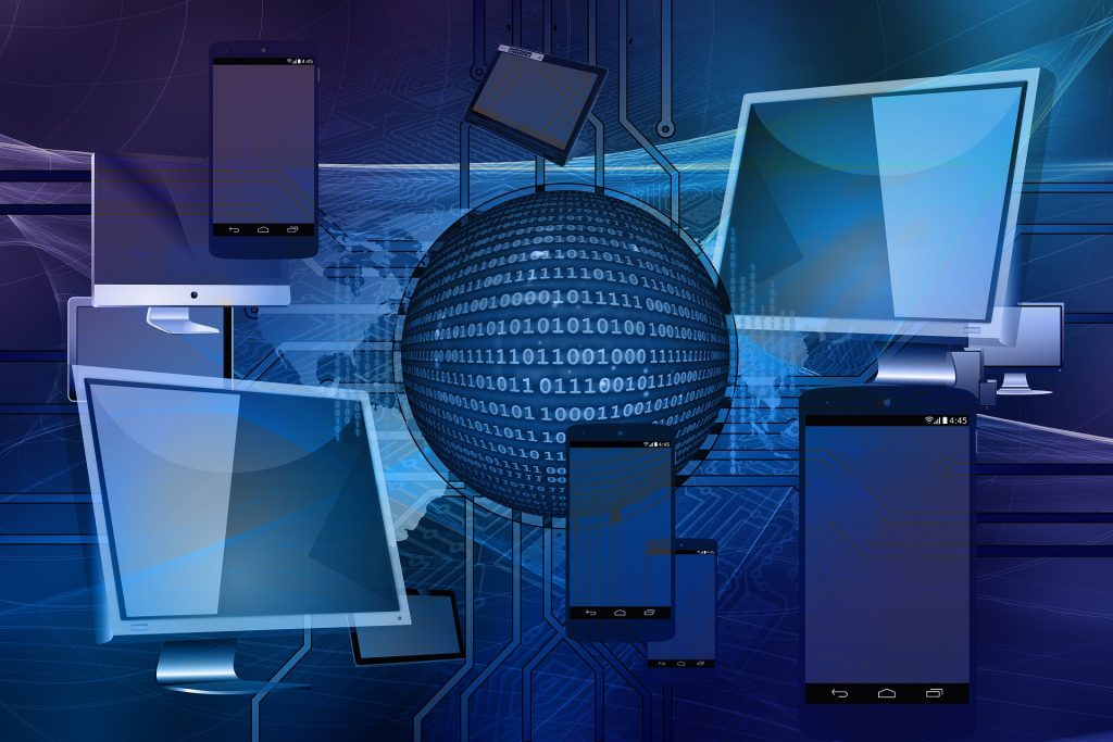 Digital devices and global network concept representing eLearning platforms.