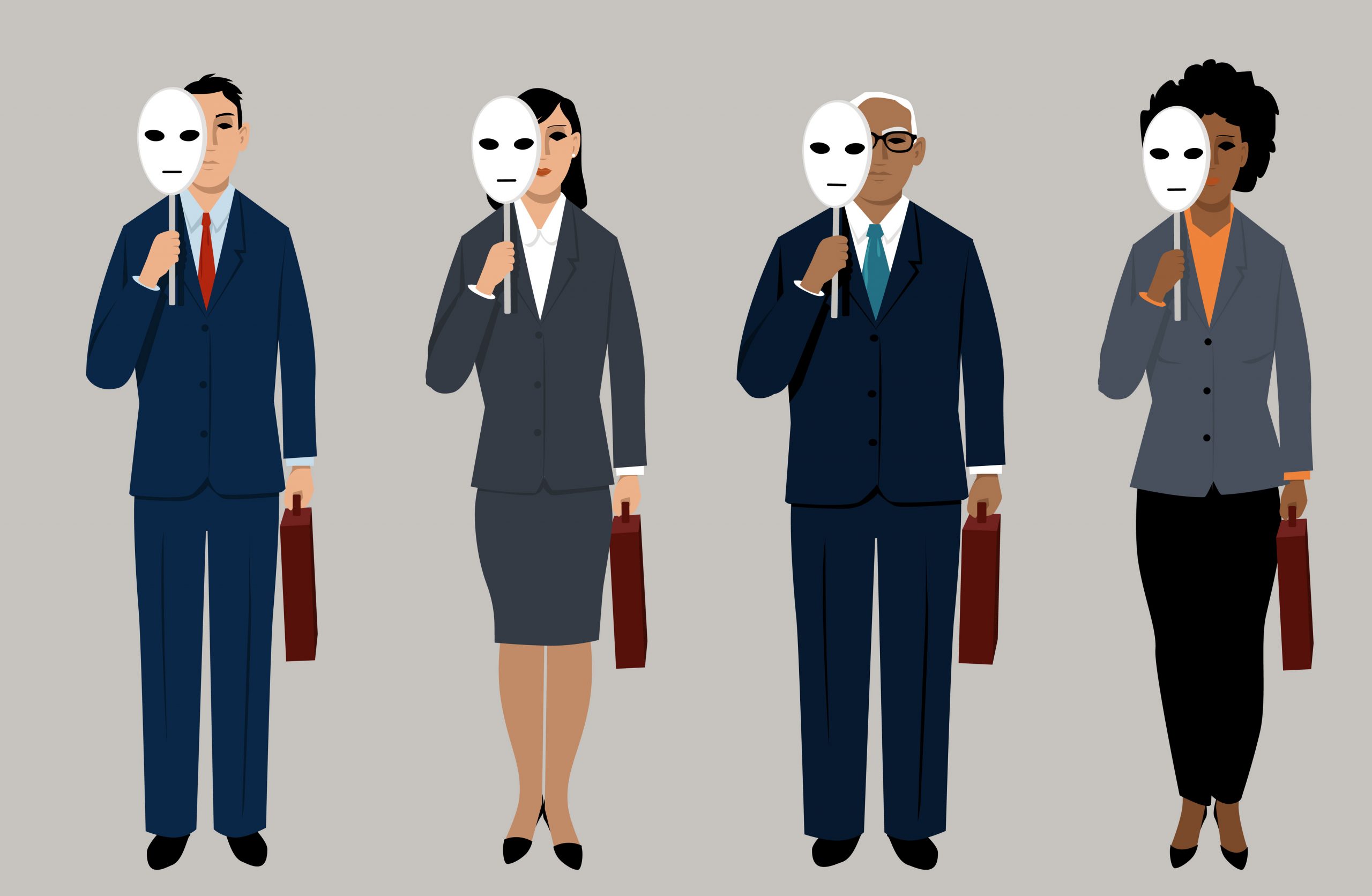 Illustration of four professionals holding masks, representing unconscious bias.