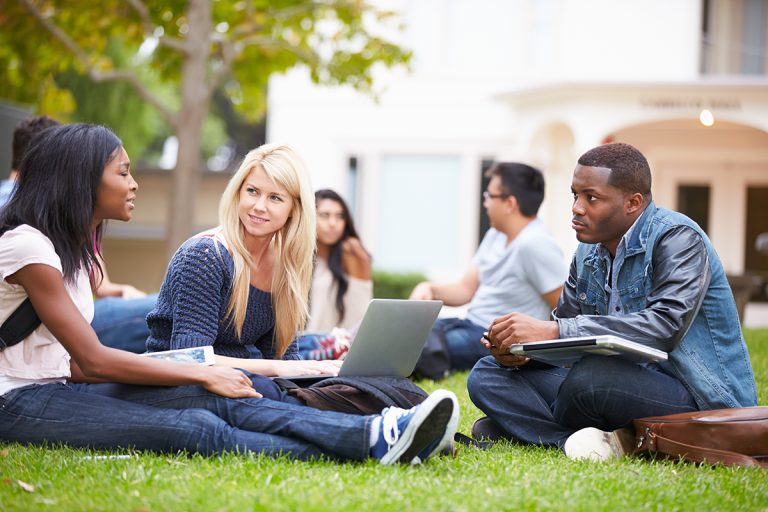 Group of diverse students sitting on grass and discussing with laptops and books.