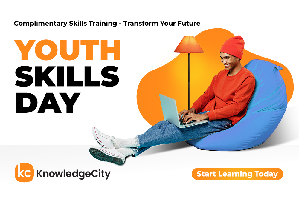 Youth Skills Day promo with a happy young person on a laptop, inviting to start learning.