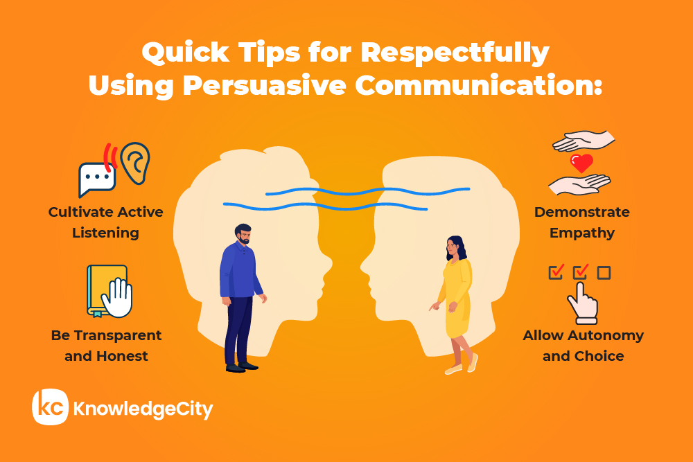 Icons for persuasive communication tips: Active listening, empathy, transparency, and autonomy.
