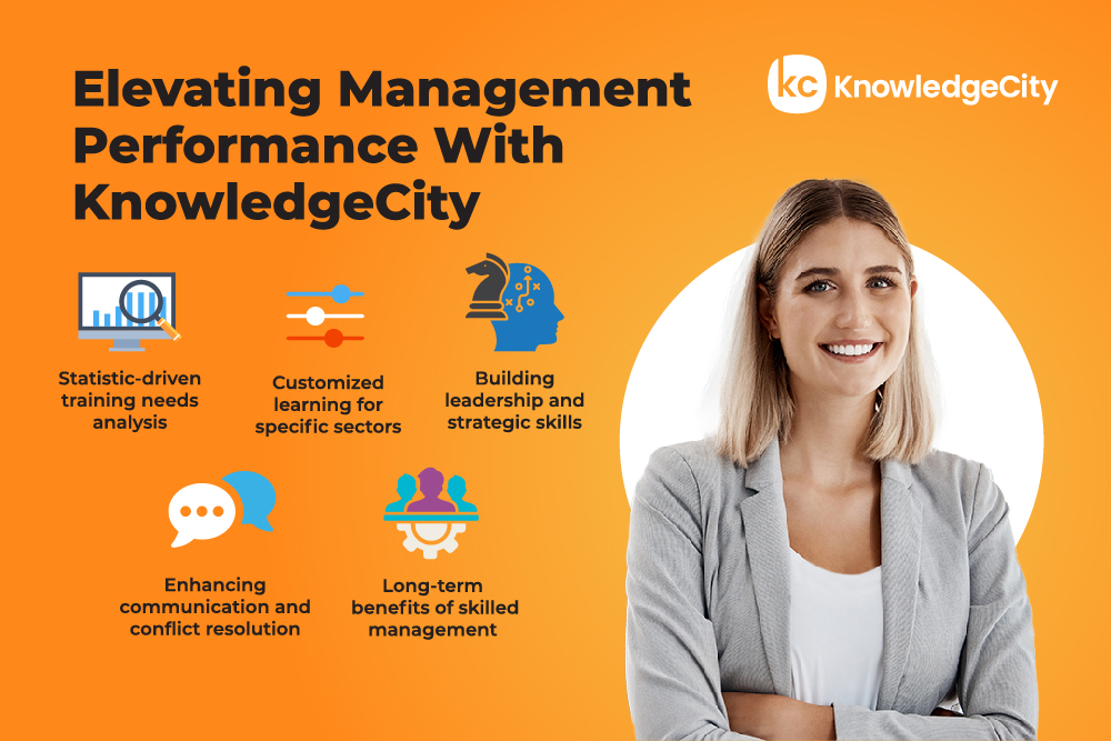 Smiling professional woman with icons for management skills enhancement by KnowledgeCity.