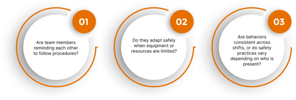 Image displaying questions about whether manufacturing team members follow safety procedures, adapt safely when resources are limited, and maintain consistent safety practices across shifts.