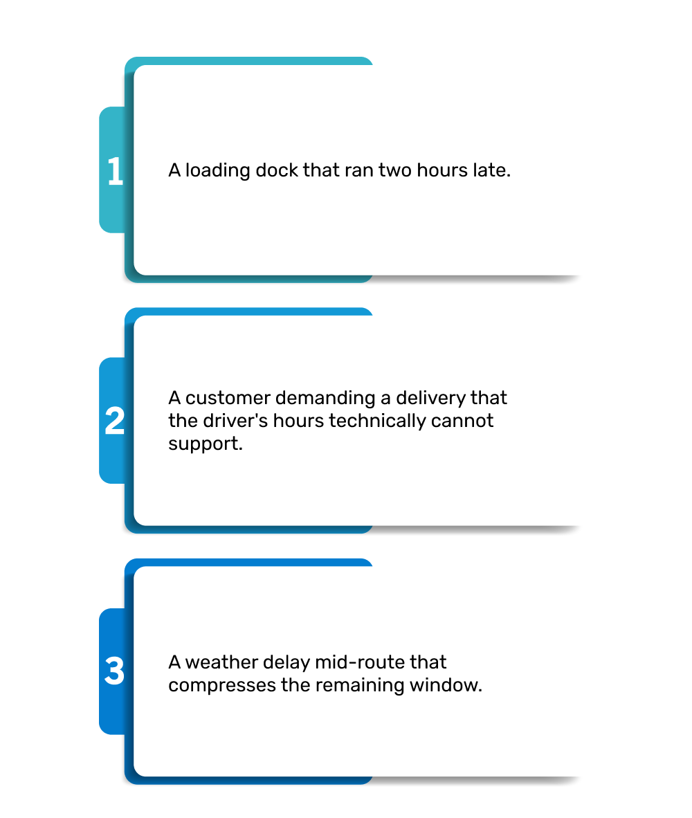 Common HOS pressure scenarios that lead to compliance violations for fleet drivers