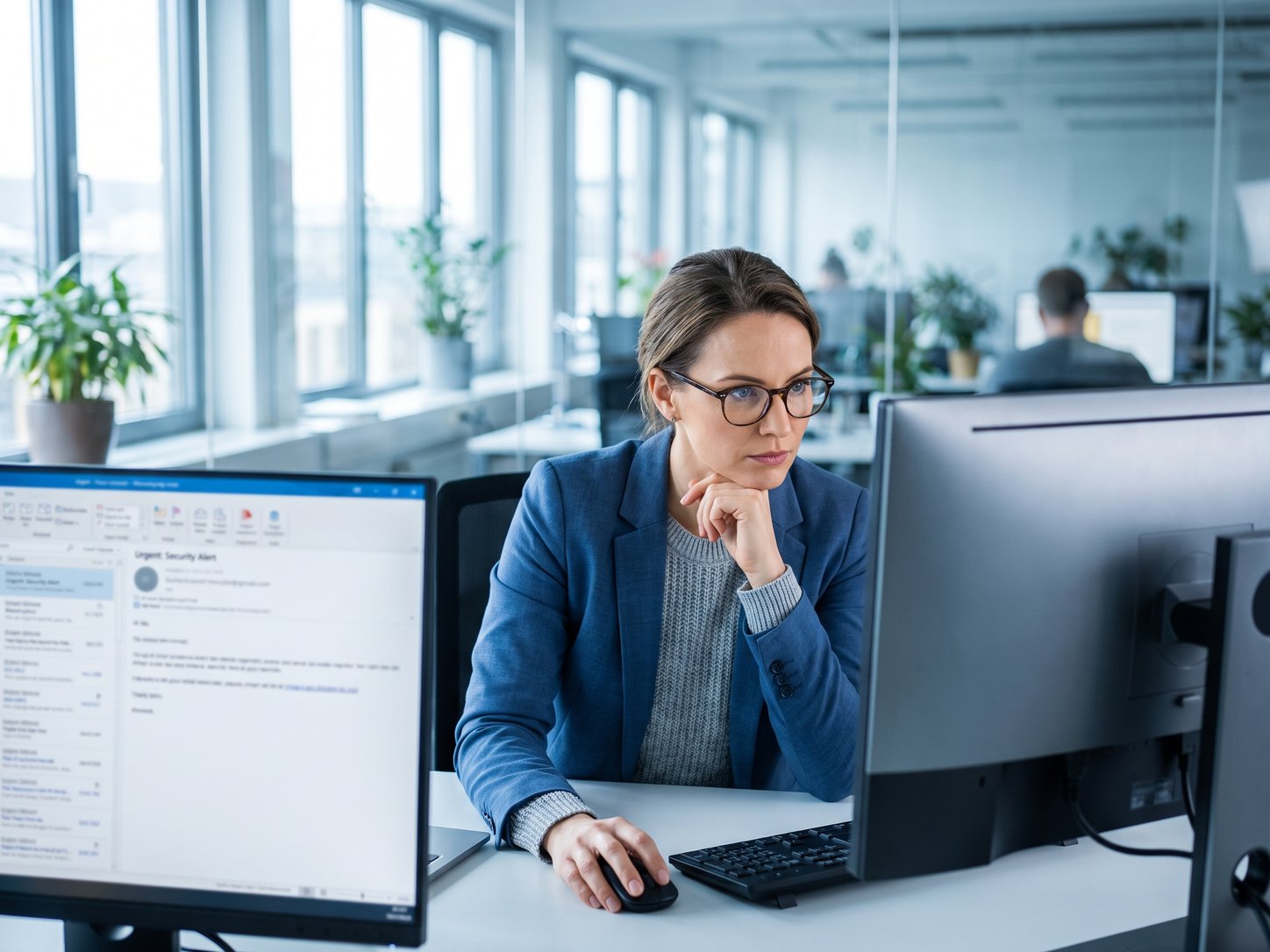 Security analyst reviewing an email inbox at a dual-monitor workstation