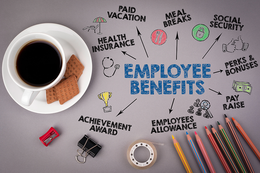 Illustration of employee benefits with items such as paid vacation, health insurance, meal breaks, and social security around a coffee cup and office supplies.