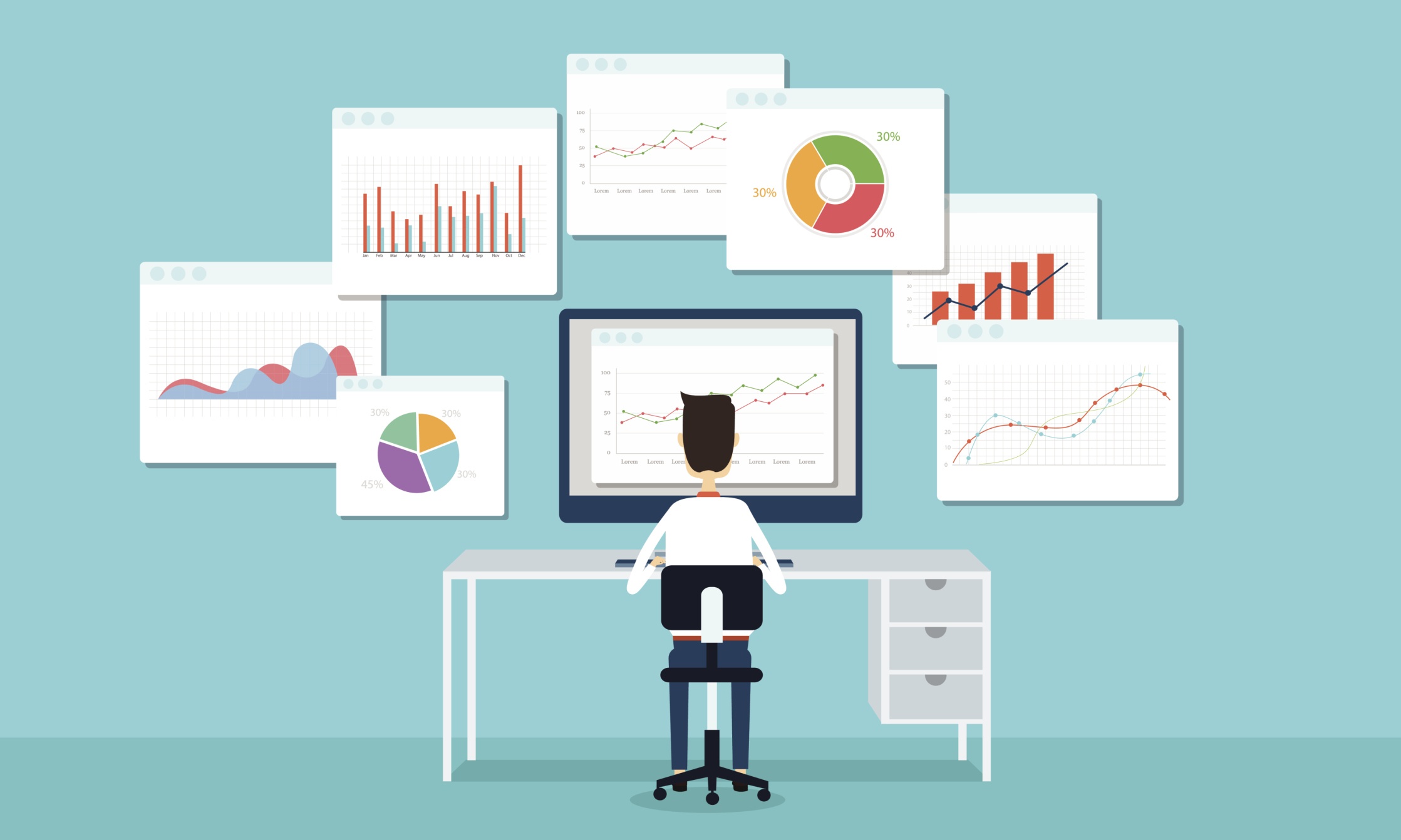 Illustration of a person analyzing various charts and graphs on a computer screen and surrounding monitors.