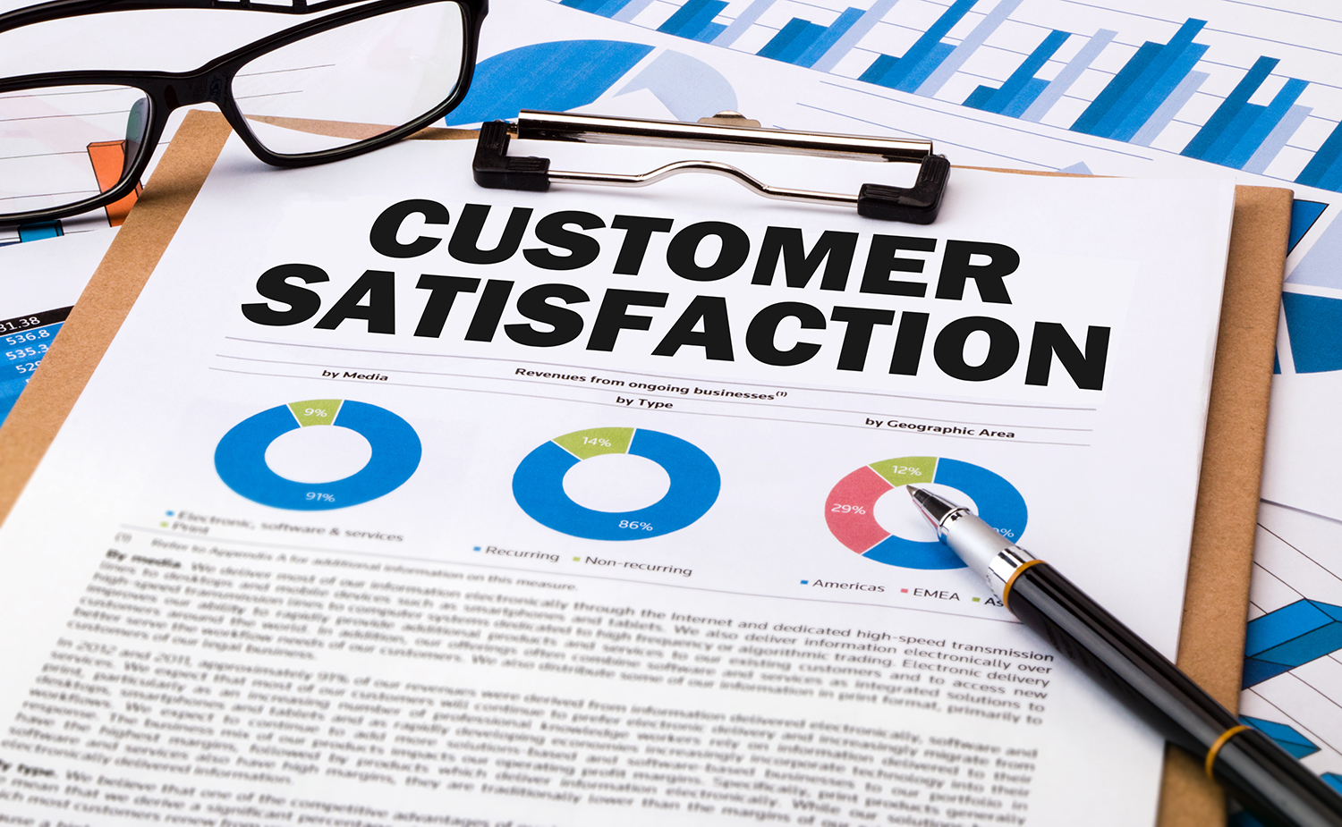 Customer satisfaction report with pie charts and glasses on top.