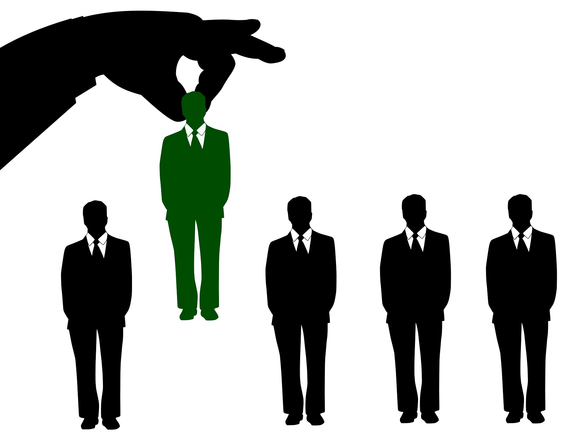 Silhouette of a hand picking a standout green candidate from a lineup of black figures.