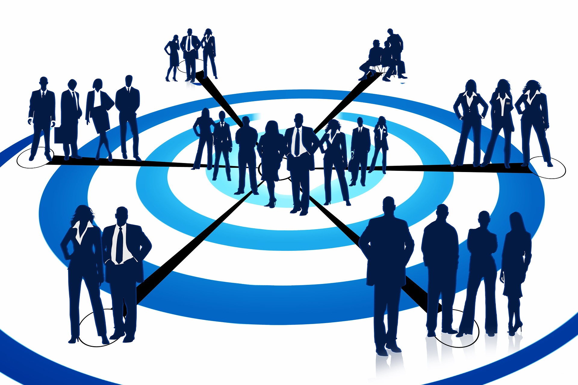 Silhouettes of professionals over blue target graphic symbolizing team goals and delegation.